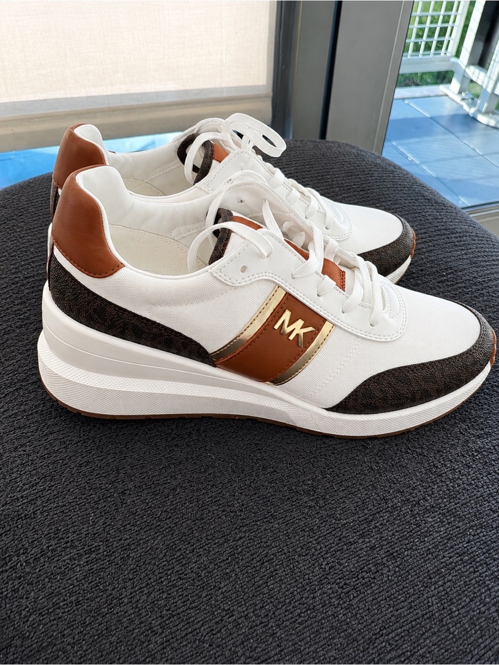 Michael Kors White, Brown & Gold MK Platform Sneakers